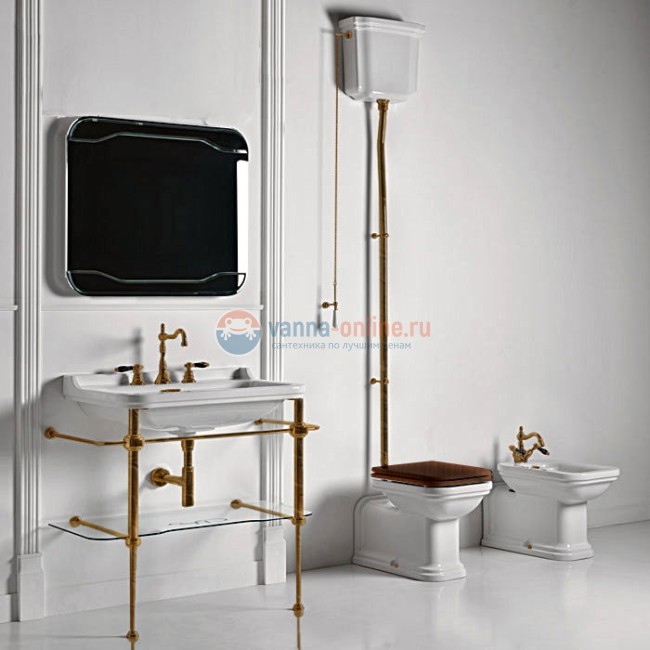 Унитаз Kerasan Waldorf пристенный удлиненный 65х37см, с высоким бачком, трубой, фурнитура бронза