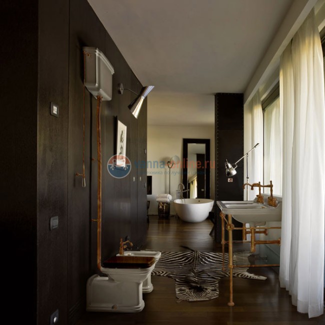 Унитаз Kerasan Waldorf пристенный удлиненный 65х37см, с высоким бачком, трубой, фурнитура бронза