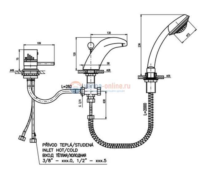 Смеситель на борт ванны на 3 отверстия Rav-Slezak Dunaj Termostat DT271.5S, хром