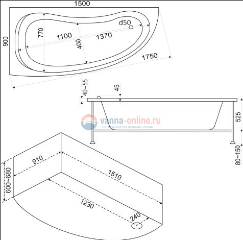 Ванна акриловая Bas Алегра (Alegra) L/R 150 х 90 см