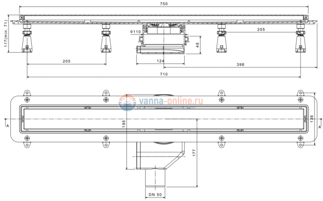 Душевой лоток Pestan Confluo Premium With White Glass Line 750, решетка белое закаленное стекло-сталь 13000284
