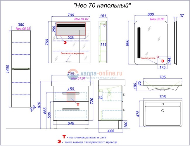 Тумба под раковину Aqwella Нео 70, напольная, белый, Neo.01.07
