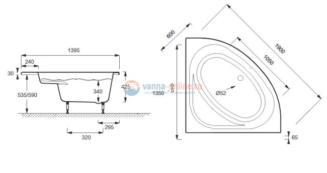 Ванна акриловая Jacob Delafon DOMO E60223-00, 135 х 135 см угловая