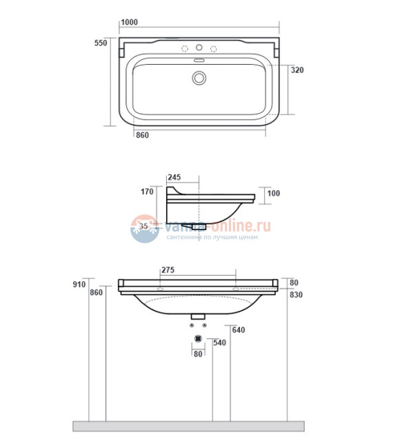 Раковина Kerasan Waldorf 4142K1bi/cr*1, 100*55 см