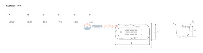 Комплект: Чугунная ванна Goldman Maxima 200x85, с ручками и ножками