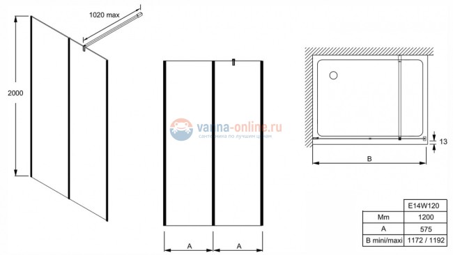 Душевое ограждение Jacob Delafon Serenity E14W120-BLV, профиль черный, стекло прозрачное