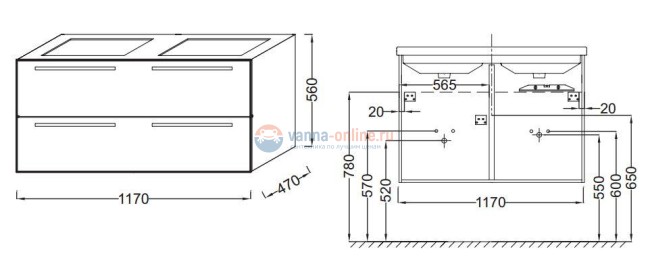 Тумба под раковину Jacob Delafon Struktura 120 EB1279-E16, ореховое дерево, 2 ящика, 117x47x56 см
