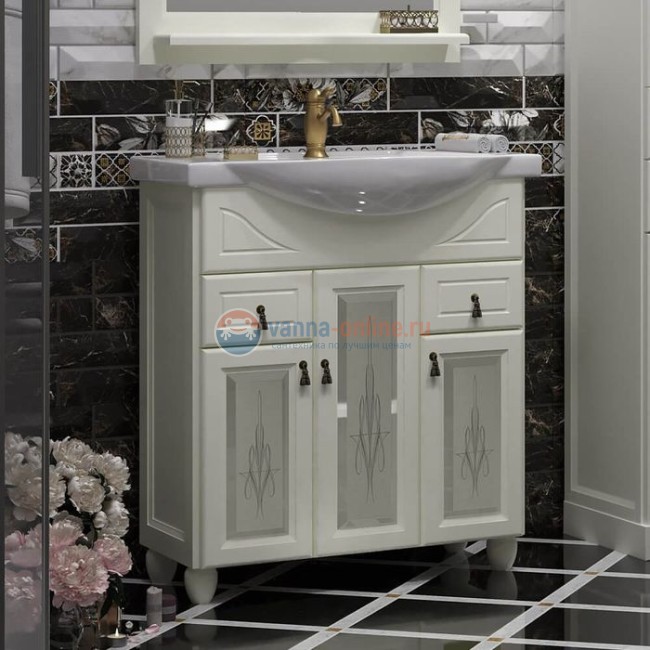 Тумба с художественным стеклом под раковину Opadiris ТИБЕТ 75, белый матовый