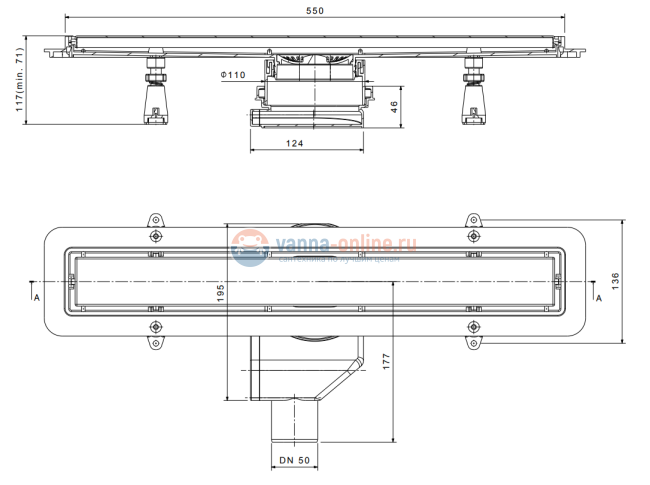 Душевой лоток Pestan Confluo Premium Line 550, решетка нержавеющая сталь 13100003