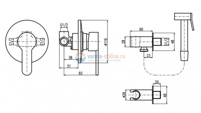 Смеситель скрытого монтажа для биде Rav-Slezak Zambezi ZA042/1, с гигиенической лейкой, хром