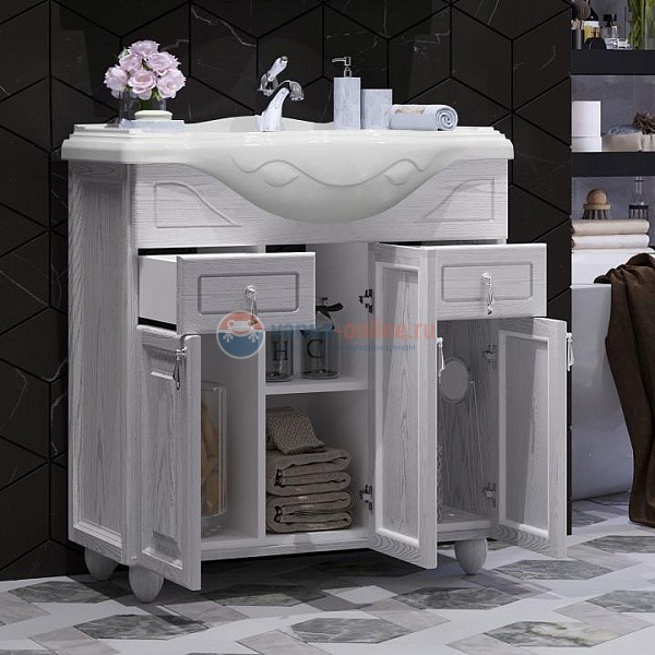 Тумба с объемной филенкой под раковину OPADIRIS Тибет 85 00-00003121, ясень / белое серебро