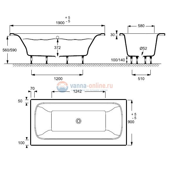 Ванна из литьевого мрамора Jacob Delafon Elite E6D033-00 190x90 см, материал Flight