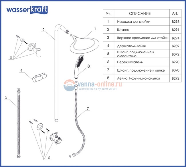 Душевая стойка WasserKRAFT А045 с верхним душем 246*190 мм, хром Душевая стойка WasserKRAFT А045 с верхним душем 246*190 мм, хром