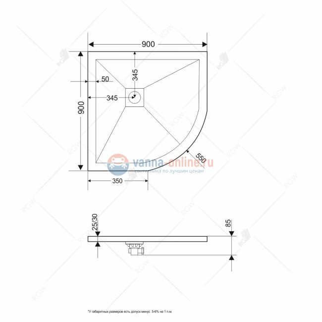 Душевой поддон RGW ST/R-0099G 16153099-02 90 x 90 см, четверть круга, цвет серый, из искусственного камня