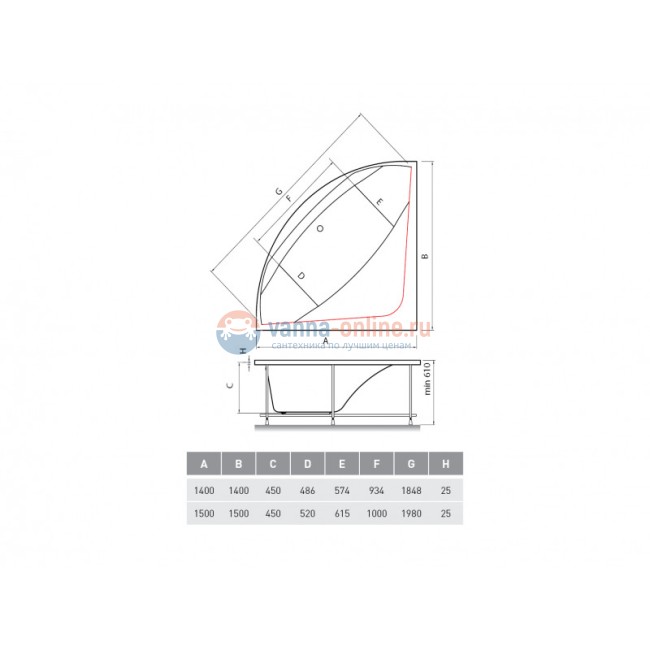 Ванна акриловая Vayer Boomerang 140.140.046.1-3.0.0.0, 140 х 140 см