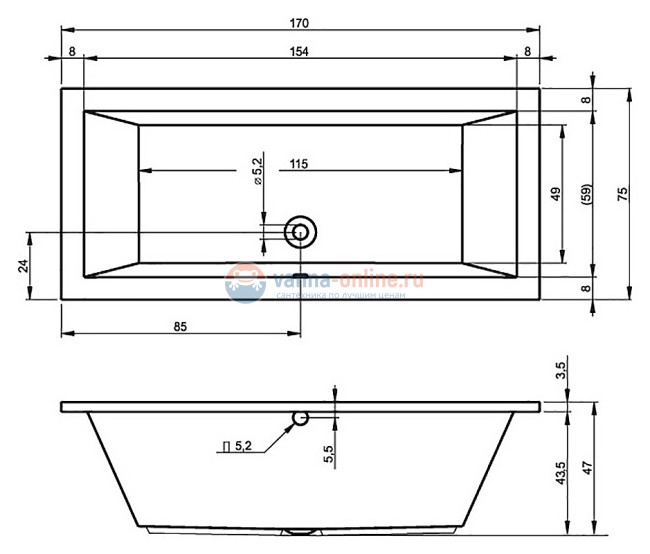 Акриловая ванна Riho Lusso 170x75 без гидромассажа