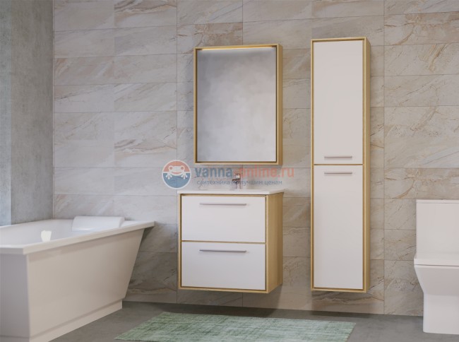 Тумба под раковину Raval Frame 60 Fra.01.60/P/W-DS, подвесная, фасад - белый, корпус - дуб сонома