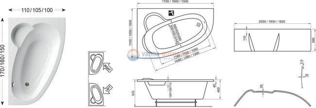 Акриловая ванна Ravak Asymmetric 150 x 100 см без гидромассажа