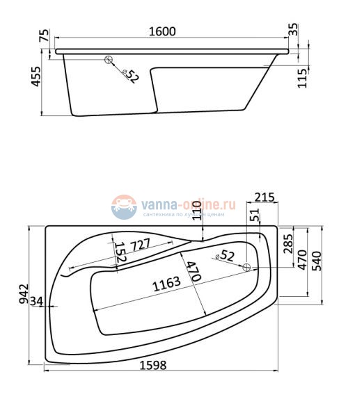 Ванна акриловая асимметричная Aquanet 'Майорка XL' 160 х 95 белая L/R Ванна акриловая асимметричная Aquanet 'Майорка XL' 160 х 95 белая L/R