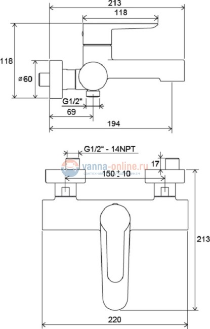 Смеситель для ванны с душем Ravak Puri PU 022.00/150, хром Смеситель для ванны с душем Ravak Puri PU 022.00/150, хром