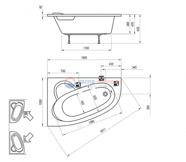Акриловая ванна Ravak Asymmetric 160 х 105 без гидромассажа