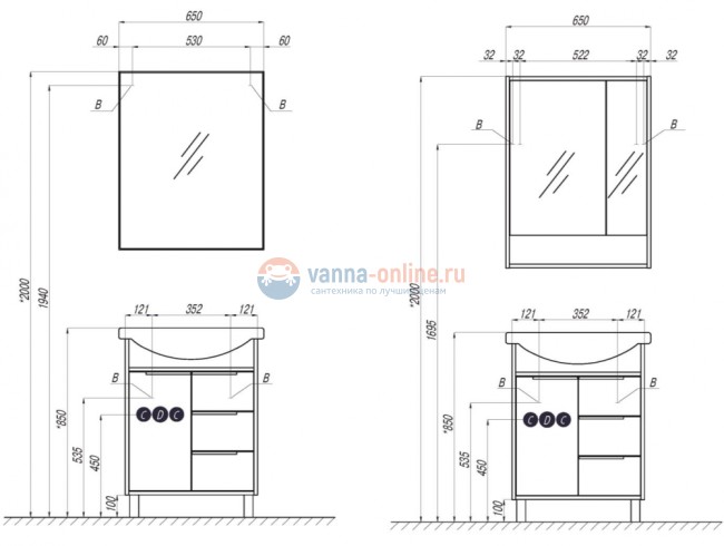Тумба с раковиной Акватон Рико 65 см 1A2133K1RIB90
