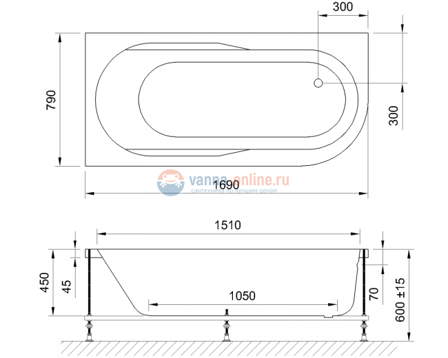 Акриловая ванна Royal Bath Azur RB 614203 L/R 170 х 80 см