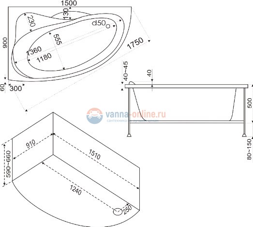 Ванна акриловая Bas Вектра (Vektra) L/R 150 х 100 см