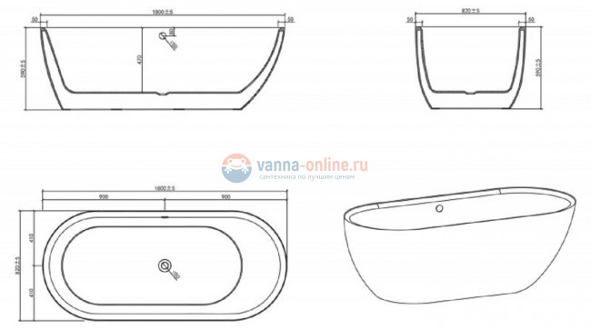 Ванна акриловая BelBagno BB203-1800-830, 180 х 83 см
