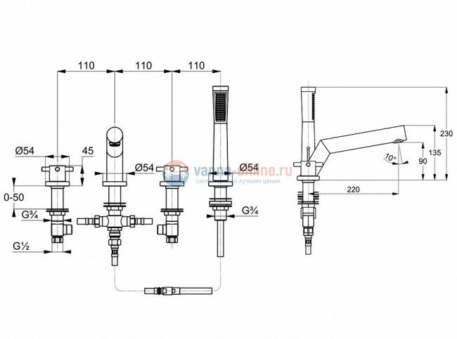 Смеситель Kludi Bozz 384240520 для ванны и душа, на 4 отверстия, ручки крестообразные