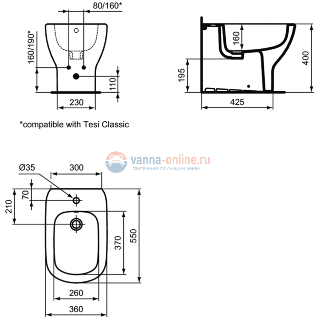 Напольное пристенное биде с отверстием под смеситель Ideal Standard TESI T3540V3 Напольное пристенное биде с отверстием под смеситель Ideal Standard TESI T3540V3