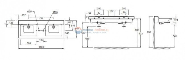 Раковина двойная подвесная Jacob Delafon Soprano EXJ122-00, для встраиваемых смесителей, 140*54 см
