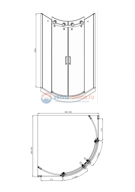 Душевой уголок Bravat Wave BS090.1202S, 90 x 90 x 200 см, двери раздвижные, стекло прозрачное, хром