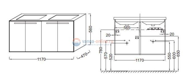 Тумба под раковину Jacob Delafon Struktura 120 EB1283-E16, ореховое дерево, 4 двери, 117x47x56 см