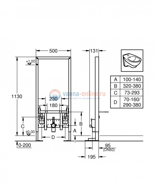 Инсталляция Grohe Rapid SL 38581 для биде, усиленная