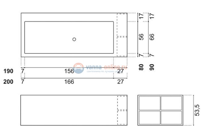 Ванна Antonio Lupi Biblio 190 х 80 х 53,5 см прямоугольная (2 стороны) материал: Corian