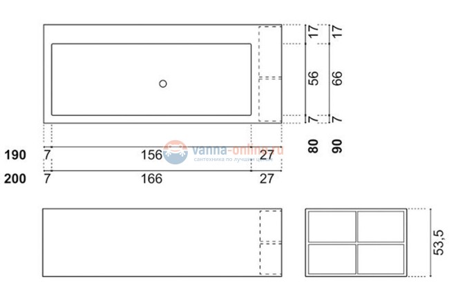 Ванна Antonio Lupi Biblio 190 х 80 х 53,5 см прямоугольная (4 стороны) материал: Corian