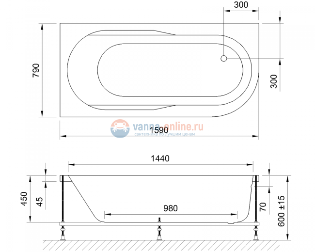 Акриловая ванна Royal Bath Azur RB 614202 L/R 160 х 80 см