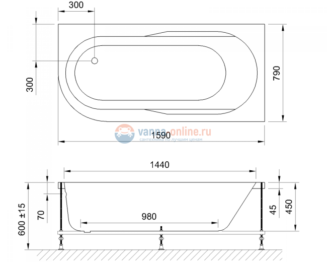 Акриловая ванна Royal Bath Azur RB 614202 L/R 160 х 80 см