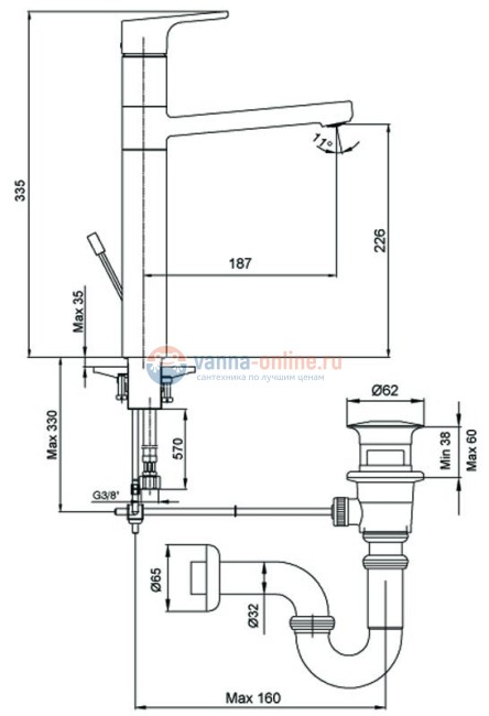 Смеситель E.C.A Luna 102108974EX для раковины с удлиненным корпусом и донным клапаном