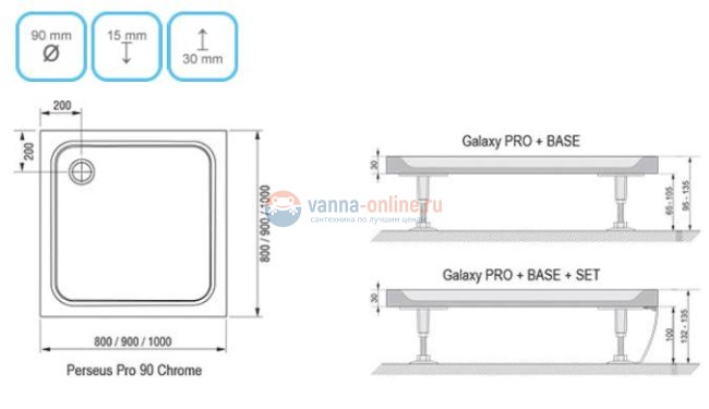 Поддон Ravak Perseus Pro Chrome XA047701010, 90 см, из искусственного камня Поддон Ravak Perseus Pro Chrome XA047701010, 90 см, из искусственного камня