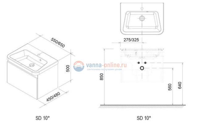Тумба под раковину Ravak 10° SD 55 х 45 см X000000734, серая