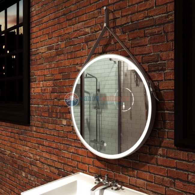 Зеркало Art&Max Milan AM-Mil-650-DS-F-Nero 65 см с подсветкой, на ремне из черной кожи