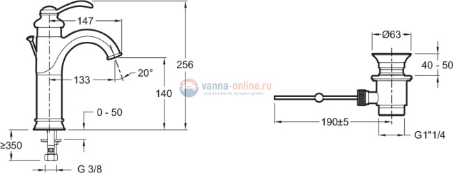 Смеситель Jacob Delafon Fairfax E72091 для раковины с донным клапаном Смеситель Jacob Delafon Fairfax E72091 для раковины с донным клапаном